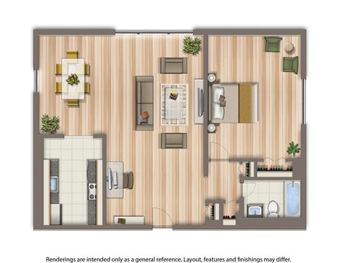 Floor plan for 1 bed, 1 bath, 851 sqft